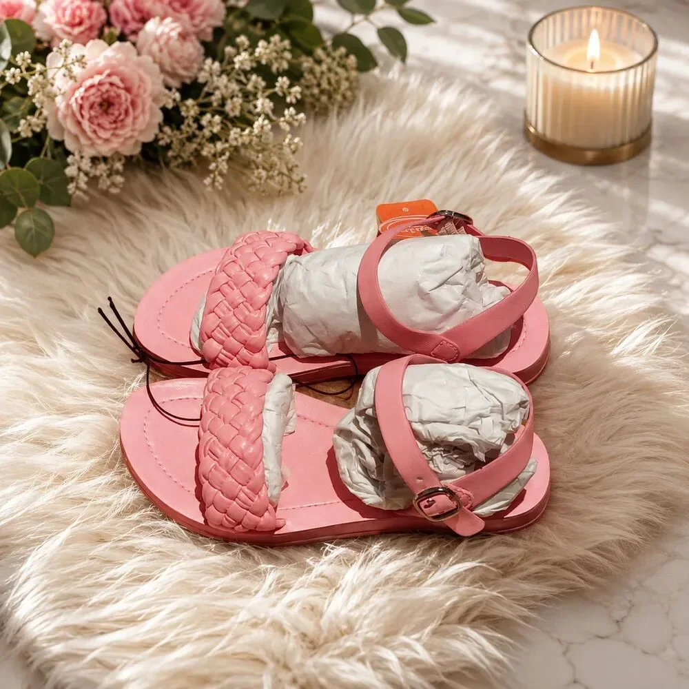 Wonder Nation Girls Pink Braided Ankle Strap Flat Sandals  Size 5 NWT